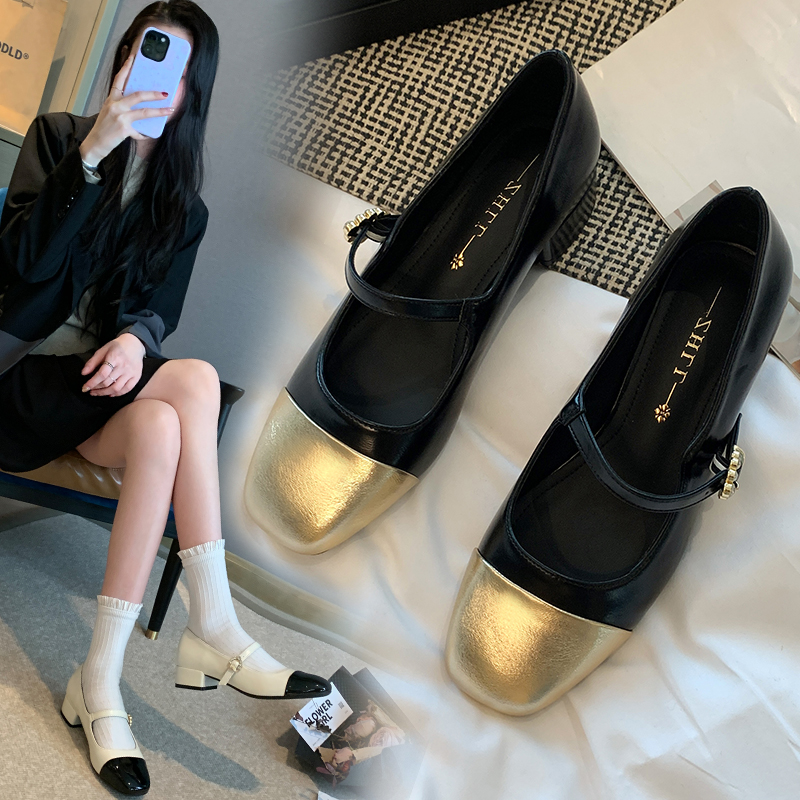 复古拼接小香风单鞋学院风玛丽珍女鞋子粗跟宽脚大码女鞋