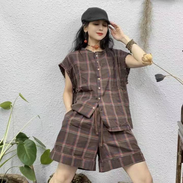 33002咖格领口木耳边双层纱套装（长62胸围122裤44臀围120脚口76