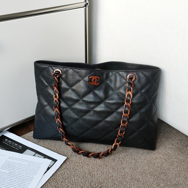 95新 Chanel/香奈儿 Azul-黑色荔枝皮桃木链条单肩托特包/53920