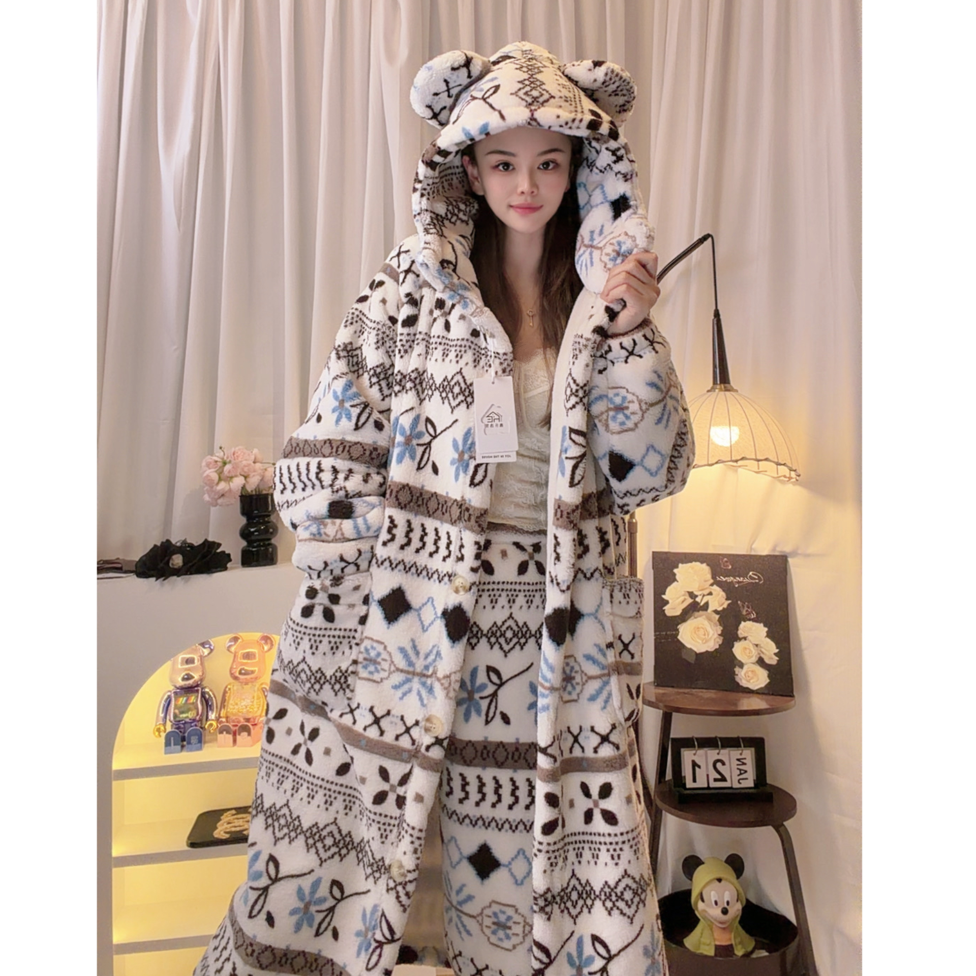 【冰川雪人】条纹加绒睡袍 连帽长款氛围感 冬宅时尚保暖家居服