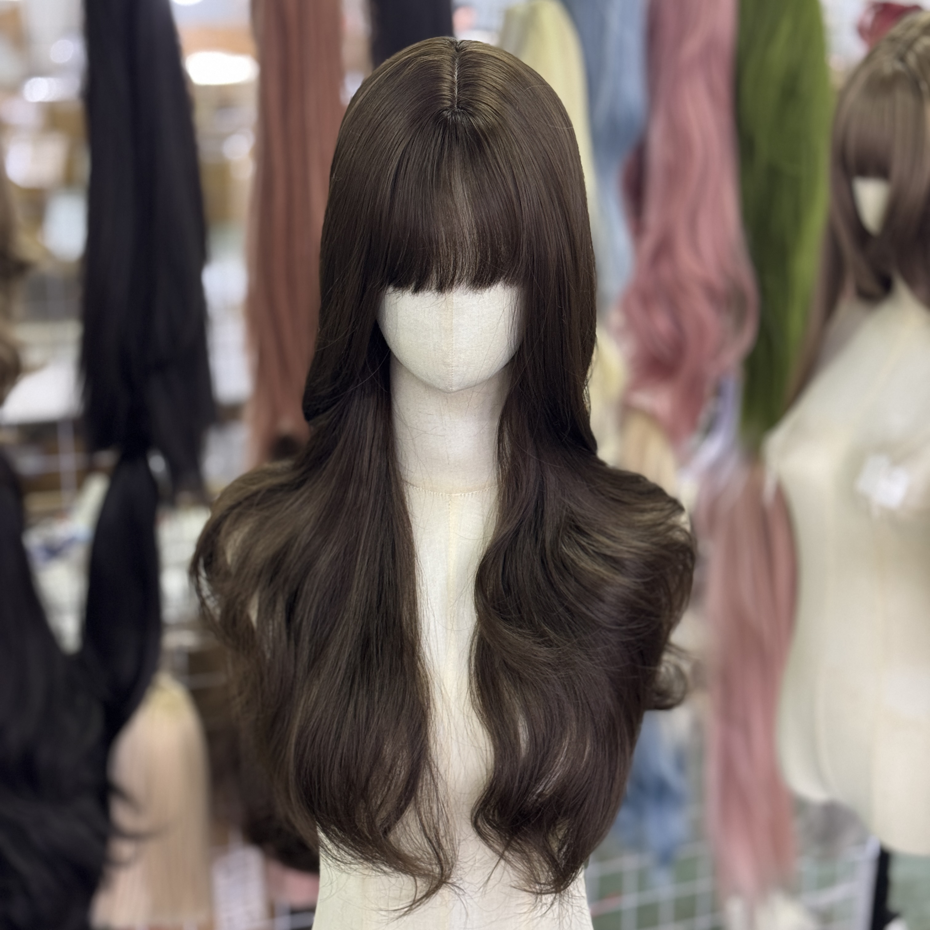 冷棕色齐刘海大波浪长卷发自然真全头套假发女款