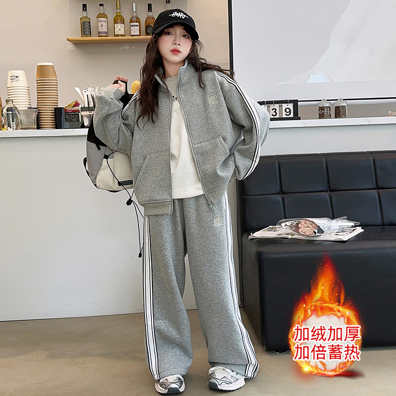 女大童加绒休闲套装冬装2025新款初中女孩学生冬天一体绒厚两件套