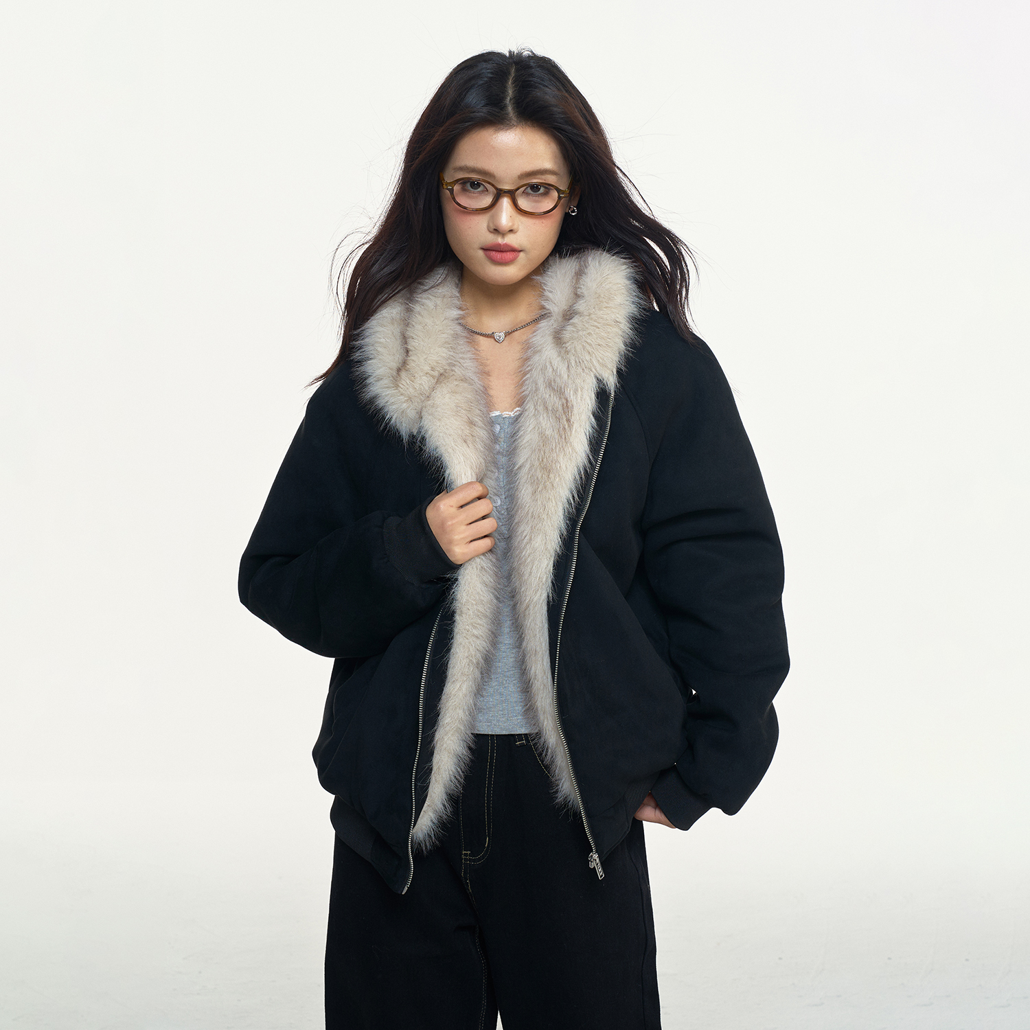 BIPOLAR仿麂皮绒座山雕毛领冬季休闲连帽棉服 22B491