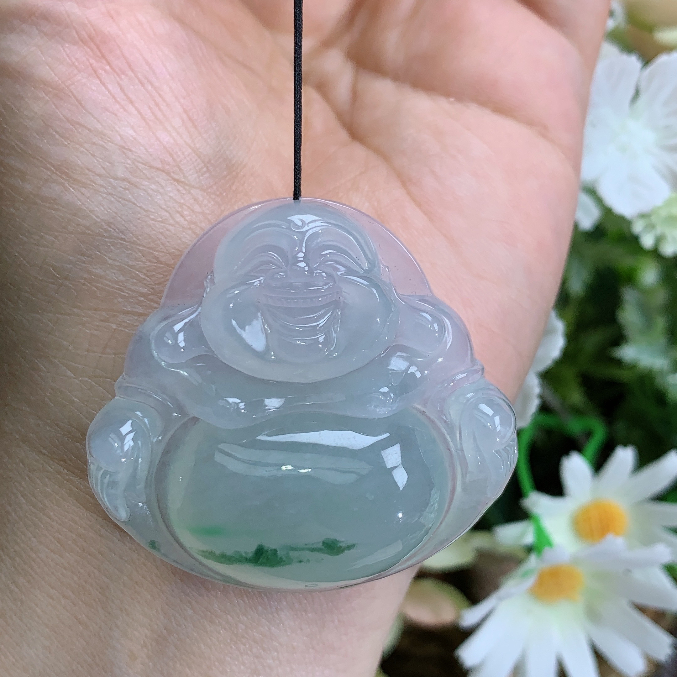 缅甸天然翡翠A货冰胶飘花大佛公吊坠大尺寸41/44.5/11.3mm