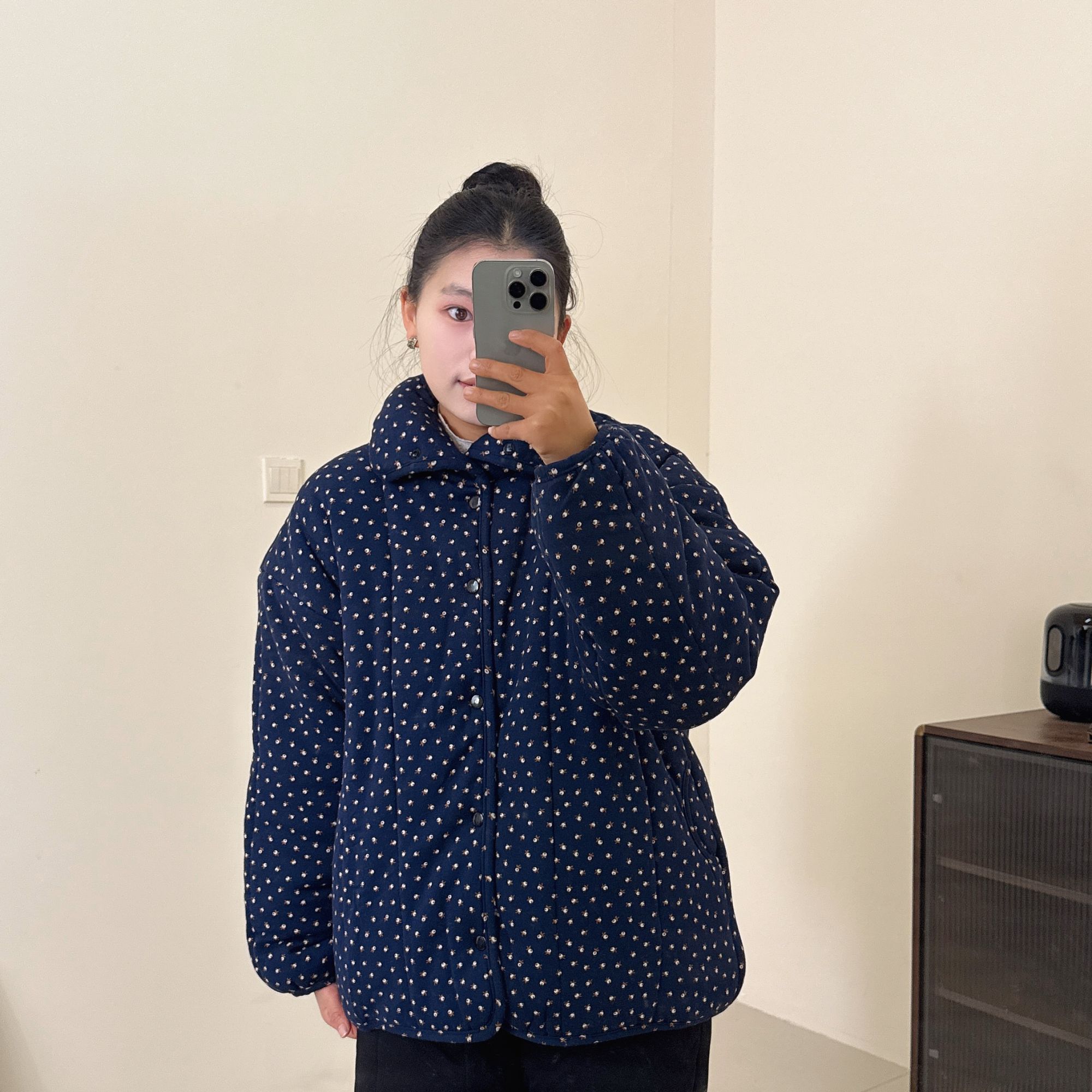 300g新疆棉【藏蓝底小碎花】立领短款宽松显瘦冬季家居服棉花衣