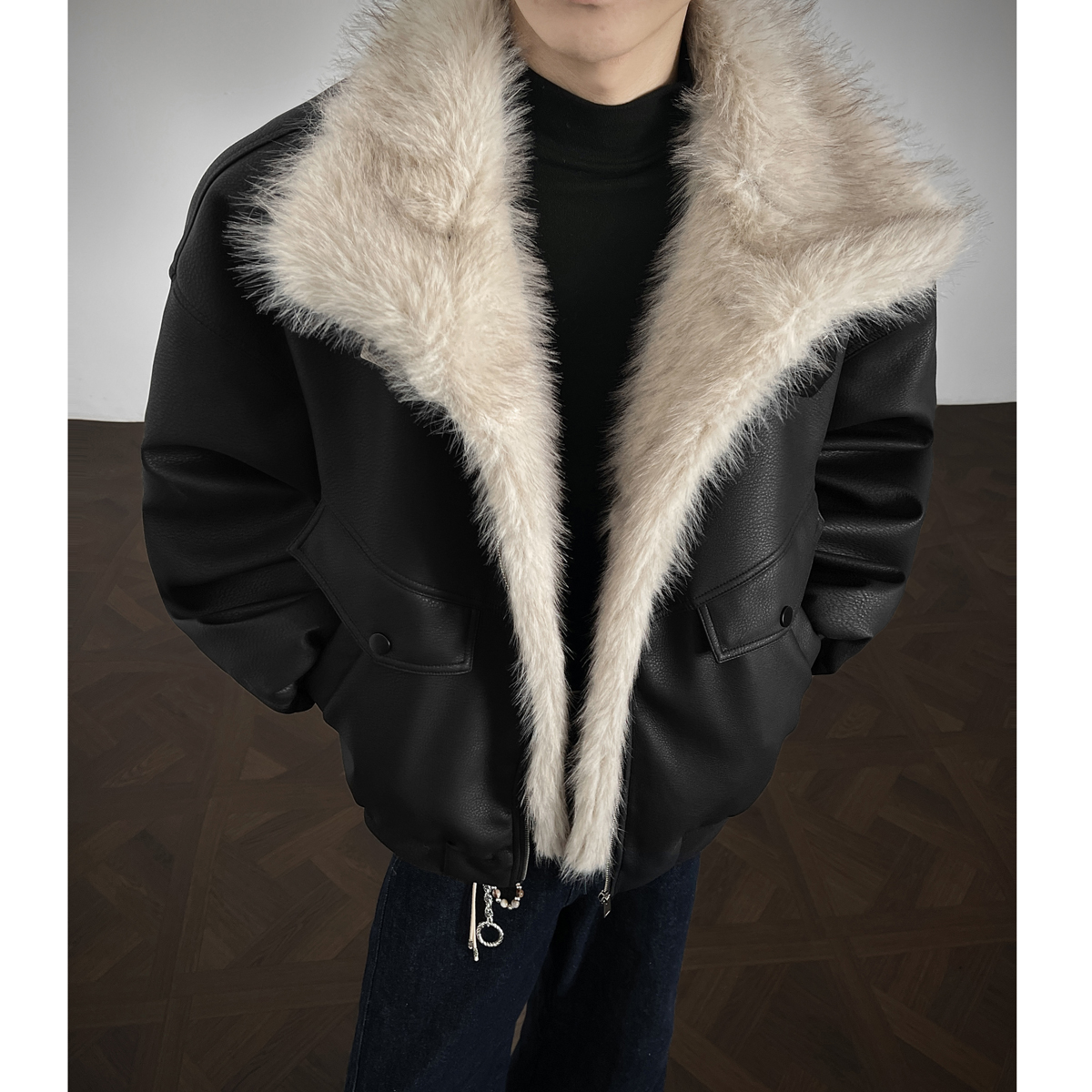 冬季新款座山雕毛领拼接皮衣棉服棉衣加绒加厚夹克男女外套