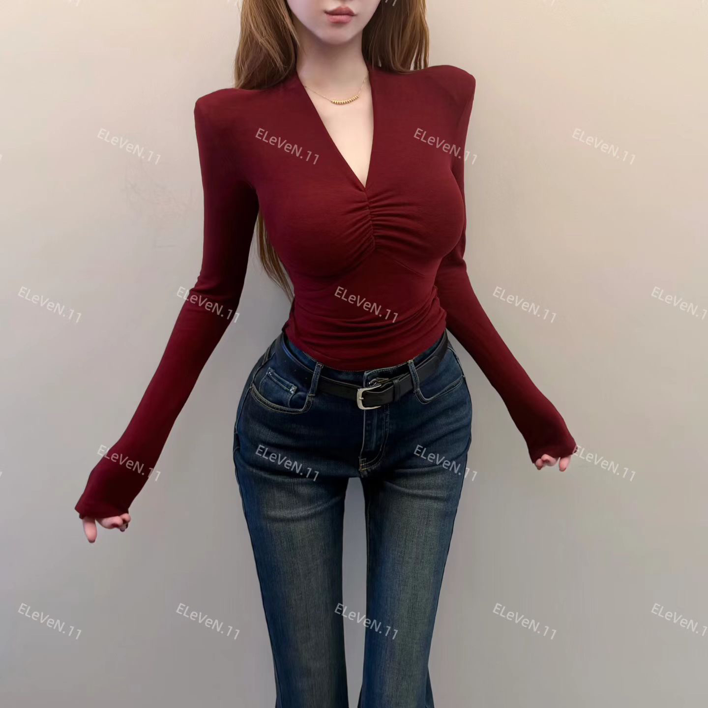 纯欲磨毛V领褶皱长袖T恤女修身显瘦秋冬内搭上衣