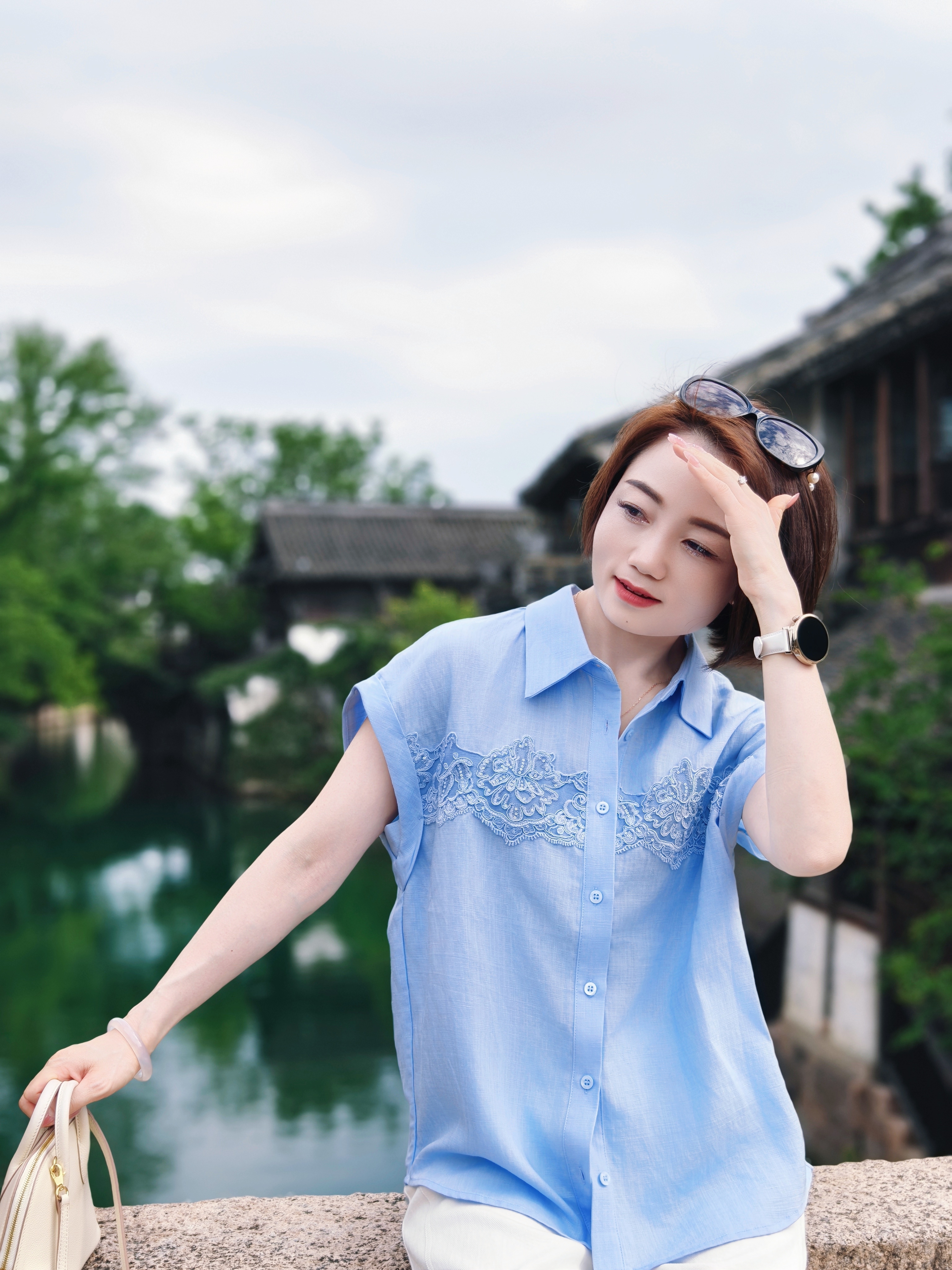 【唐顿庄园】26新休闲女士宽松时尚气质无袖蕾丝衬衫 OX9077