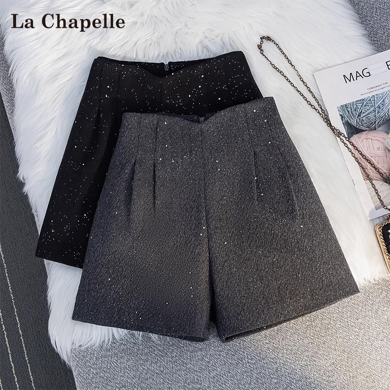 拉夏贝尔小香风亮片毛呢短裤女春秋2025新款高腰a字外穿打底靴裤