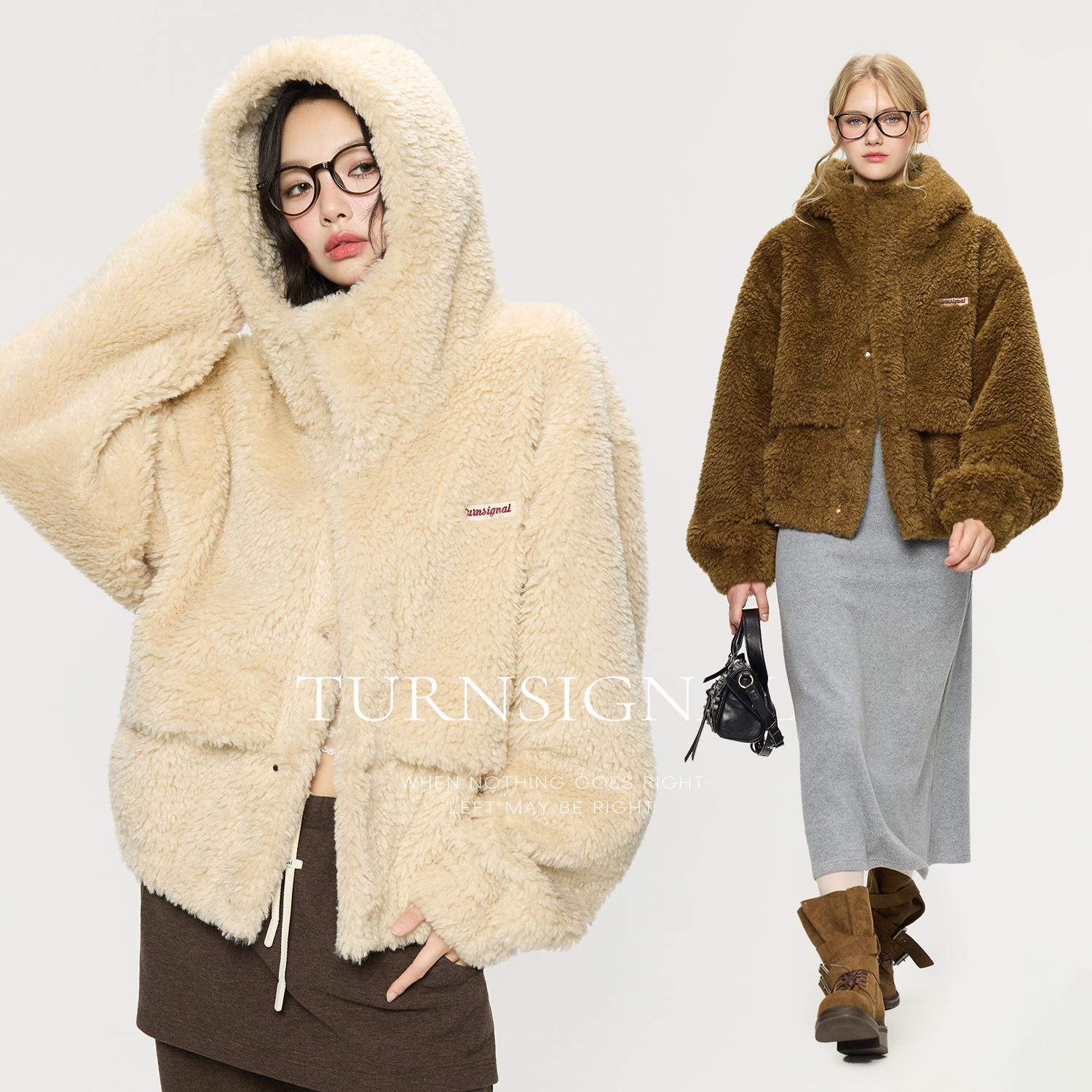 TurnSignal短款仿羊羔毛外套女连帽秋冬2025新款休闲宽松绒外套