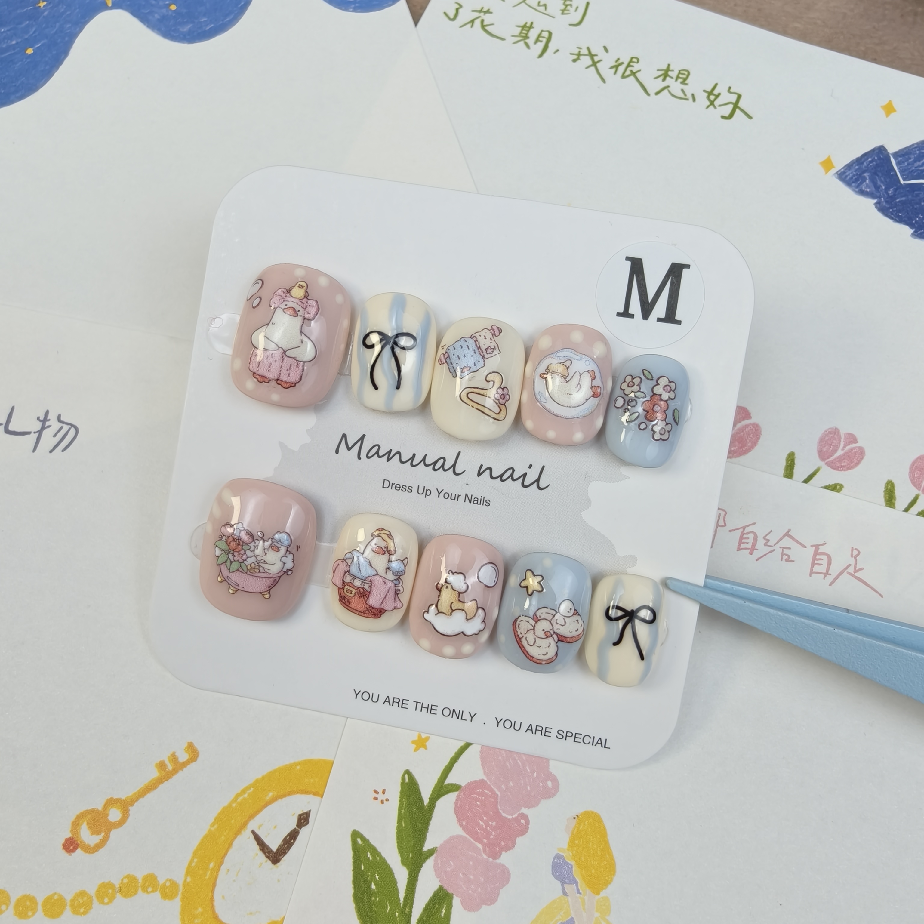 （两副包邮）手工可爱卡通小鸭子洗澡日精致日常百搭短方圆款穿戴甲