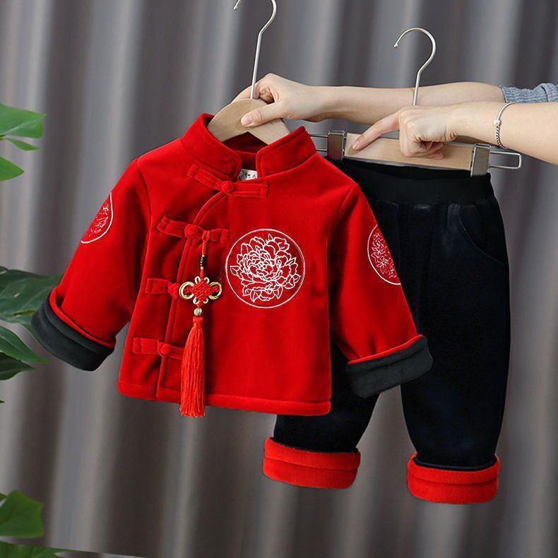 拜年服唐装棉服男女儿童冬季款加厚绒新年套装周岁抓周中国风礼服