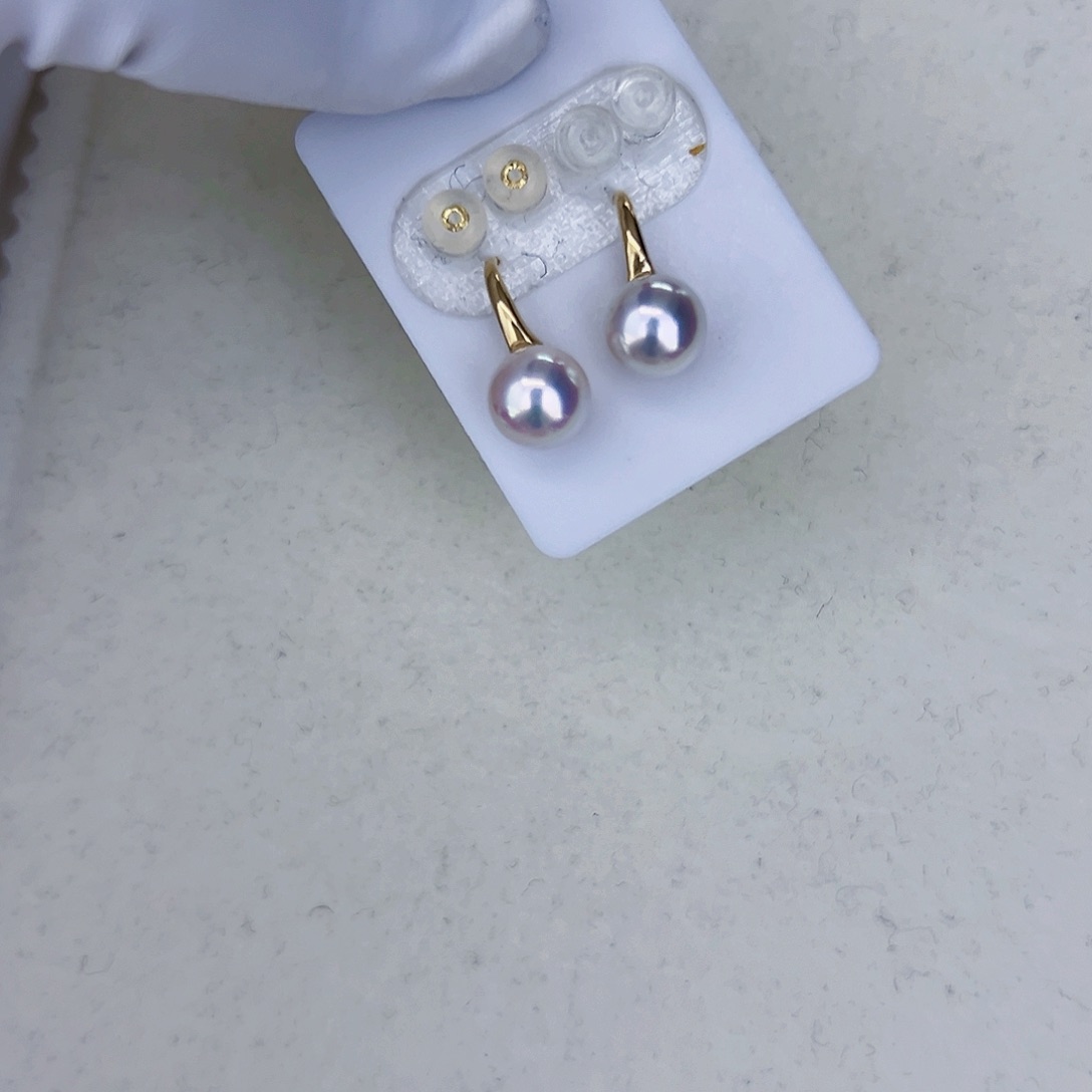 海水珍珠海水akoya高跟鞋耳勾7.5-8mm18K金镶嵌