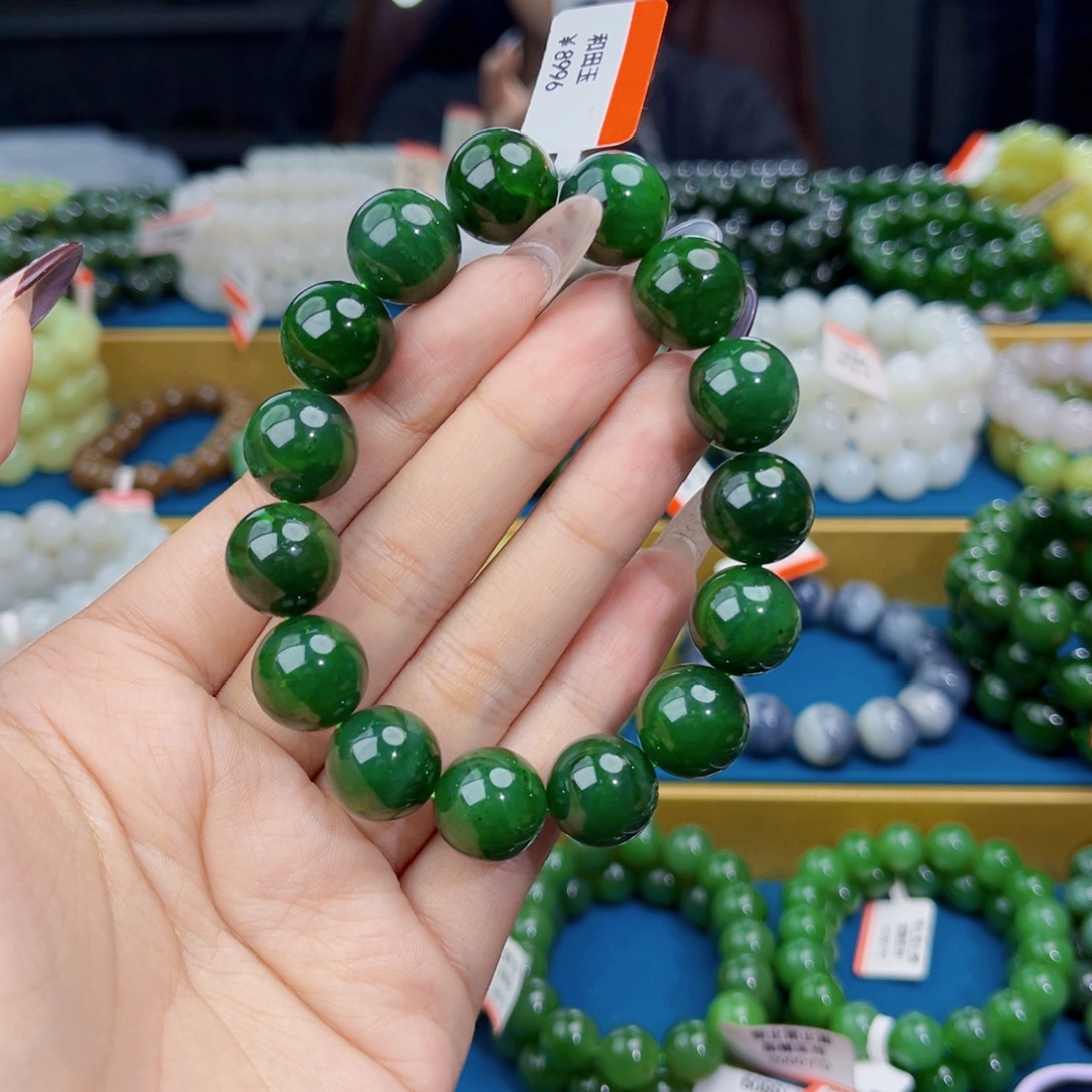 和田玉未镶嵌手链天然和田玉俄碧菠菜绿手串14