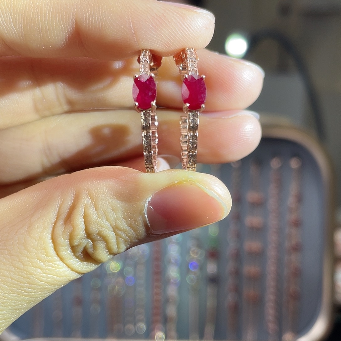 红宝石耳饰银S925镶嵌