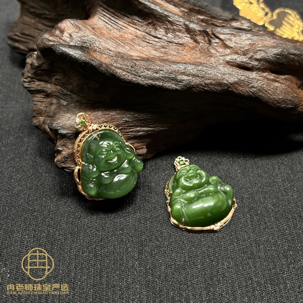 JYSP87天然和田玉碧玉猫眼佛公吊坠18k金23*25*9mm+多样性发其一