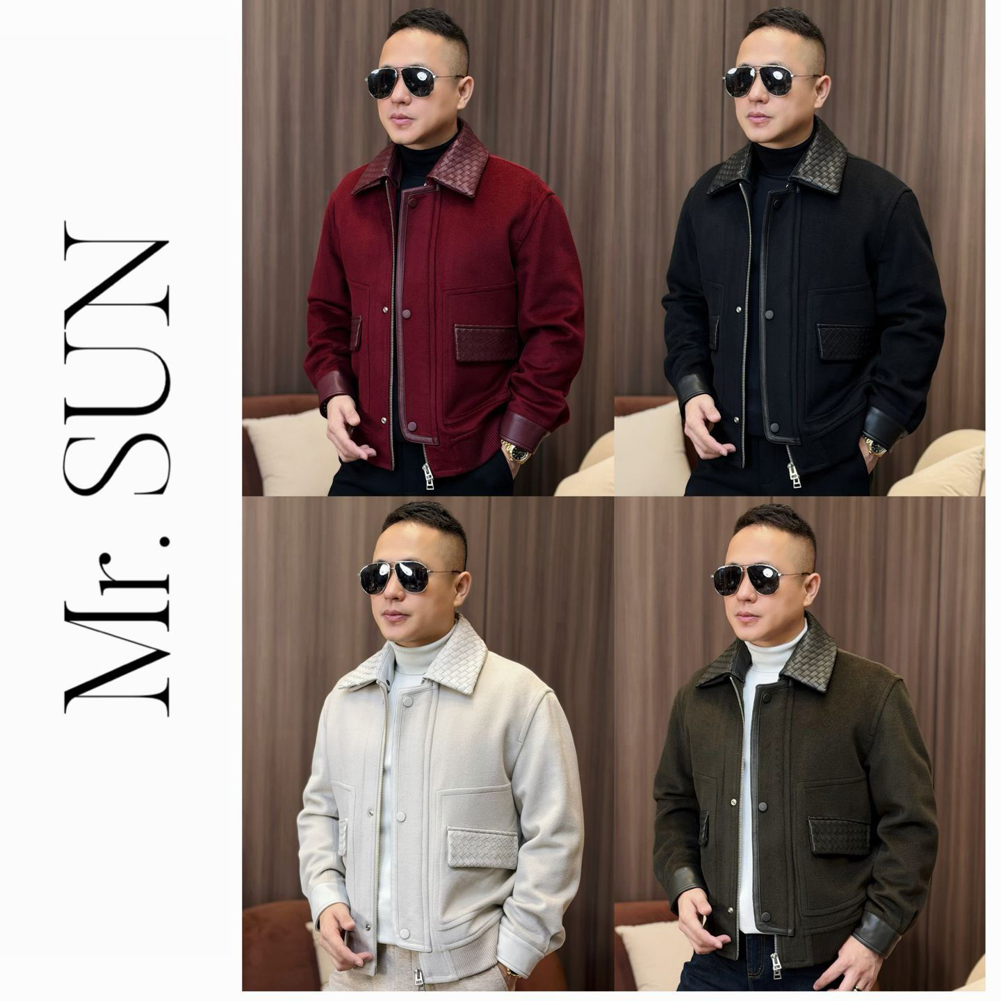 孙先生男装|100%羊毛高奢男款编织皮领短款羊毛外套6881