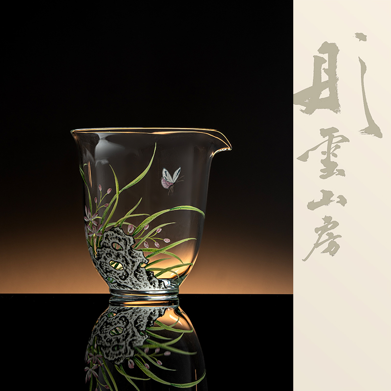 彤云山房玻璃手绘兰花福石大右手公道杯茶具