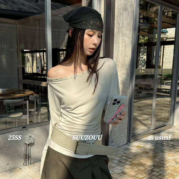 【NO退NO换】馒头（1mtt433#）软乎乎纽扣斜肩显瘦长袖T恤 8-8