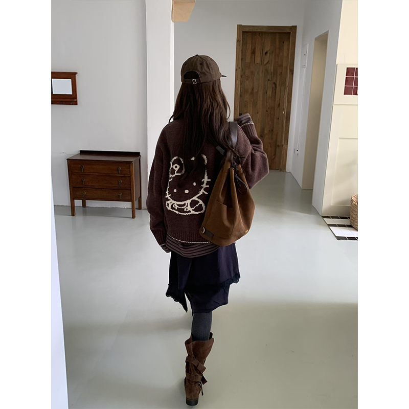 韩版撞色卡通kitty猫提花针织开衫女宽松慵懒风百搭上衣毛衣外套