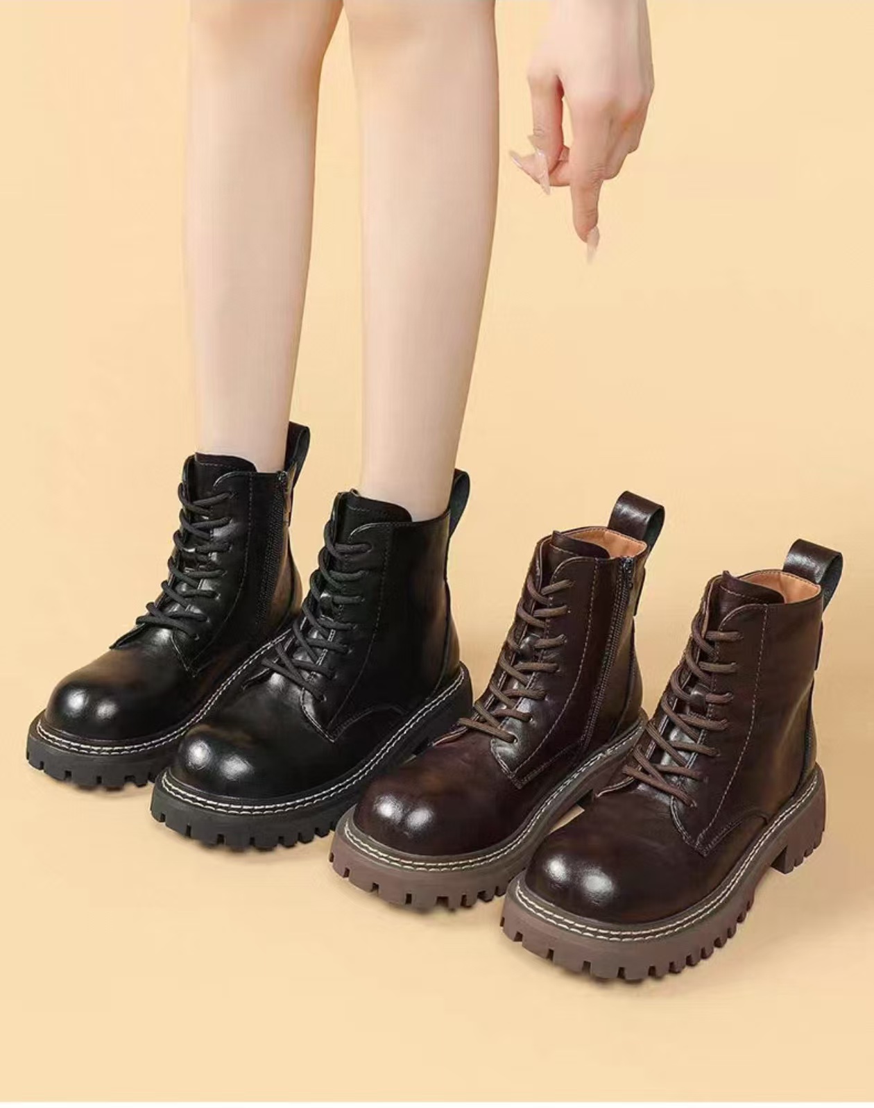 W567-97加绒马丁靴女冬季新款英伦侧拉链短靴女薄绒