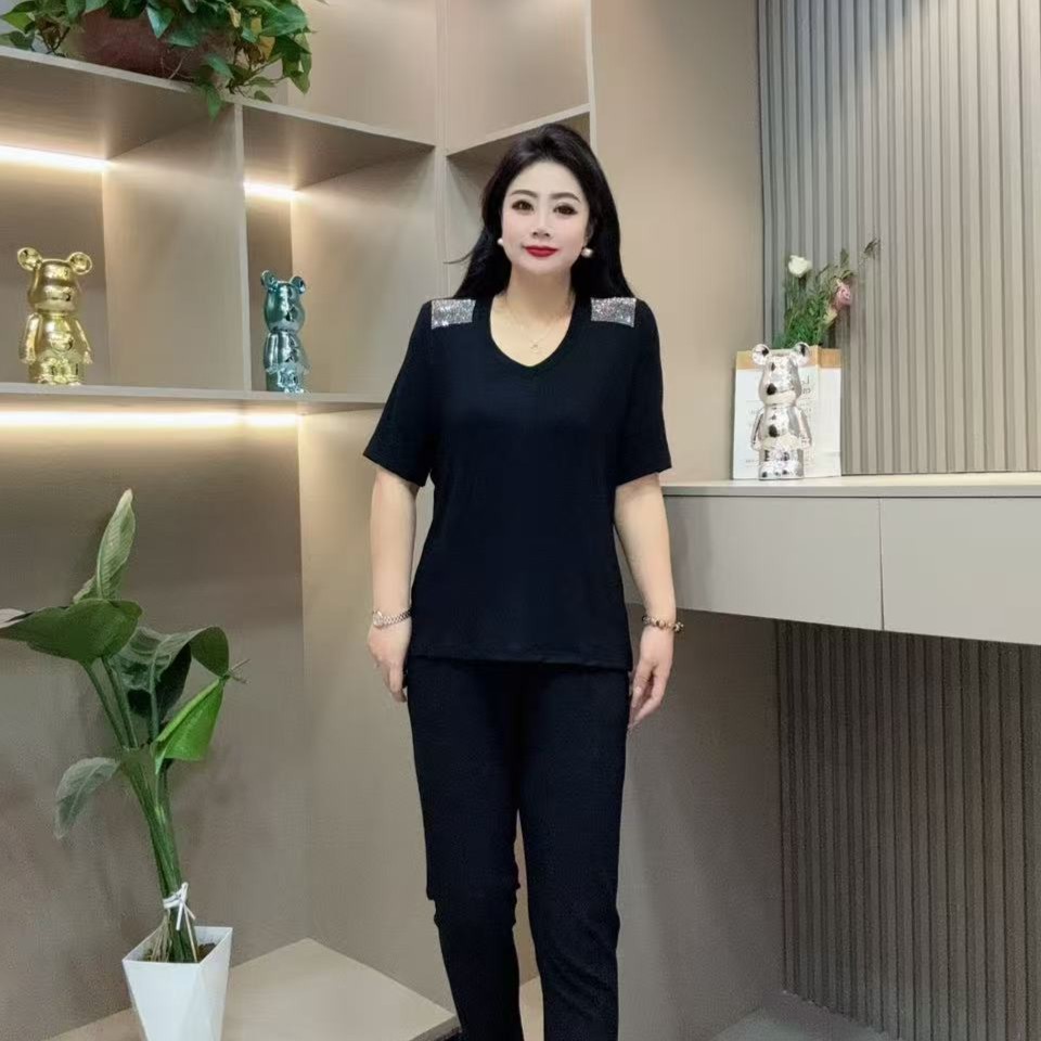 春季半袖-千 68056 时尚潮流亮闪肩休闲显瘦洋气胖MM大码女装新款