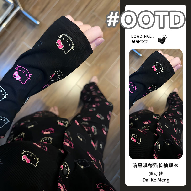 【暗黑凯蒂猫】2025新款甜美风带胸垫睡衣女款印花春秋季家居服套装