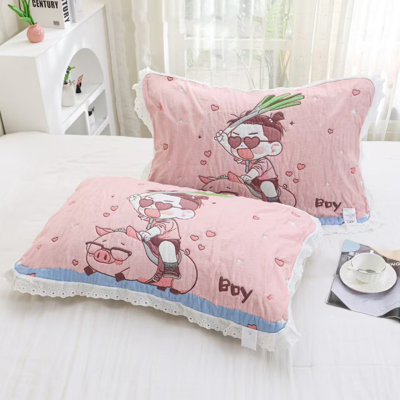 花边高档纯棉枕巾一对装2条柔软可爱加厚单人全棉枕头巾