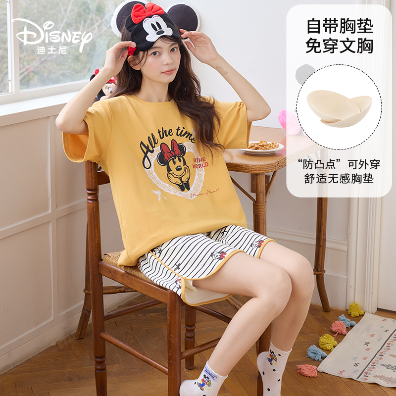 Disney/迪士尼夏季短袖短裤纯棉带胸垫薄款卡通透气家居服0278