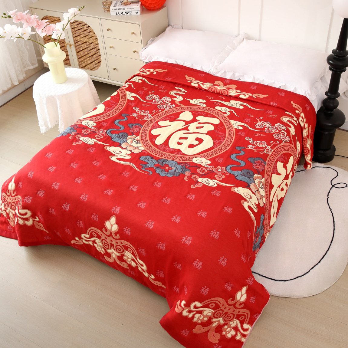 马年本命年红色百福纱布棉床盖加厚毛巾被新春福字喜庆多功能盖毯