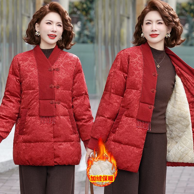 妈妈中长款冬装时尚加绒新中式棉服中老年喜婆婆洋气保暖红色棉袄