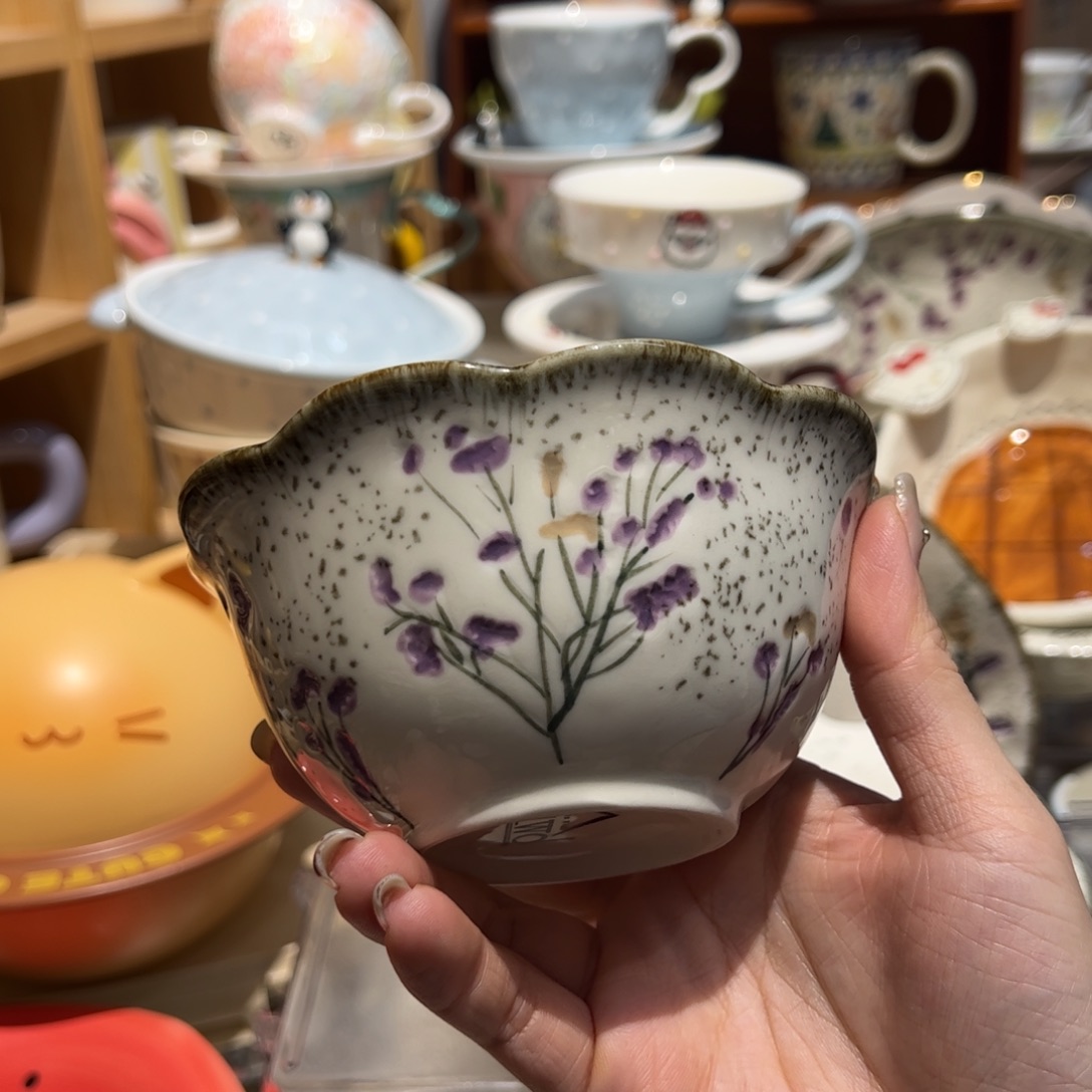 中古薰衣草花边米饭碗两个