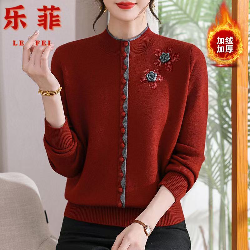 中老年新款妈妈秋冬季宽松洋气时尚加绒加厚一体绒宽松洋气上衣