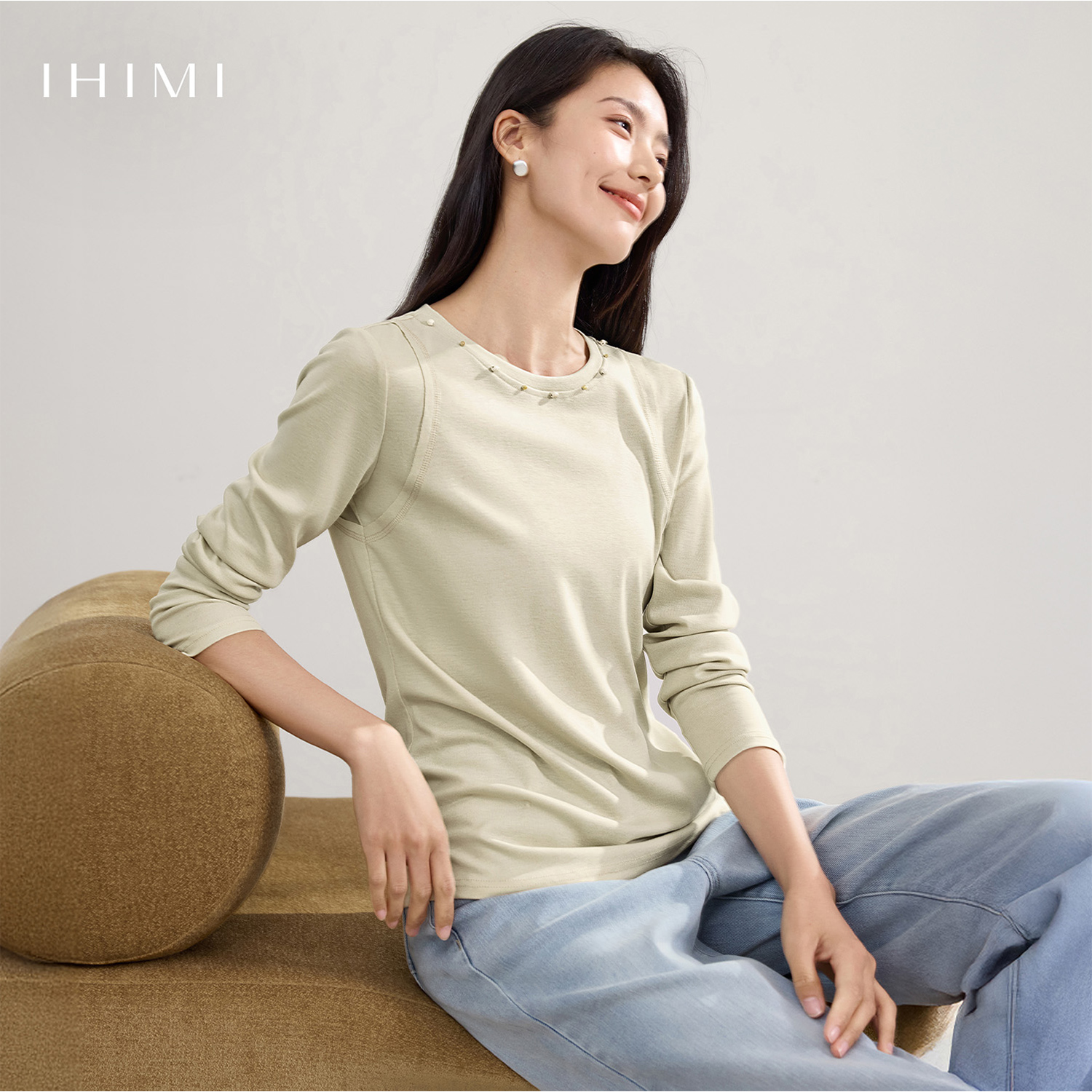 IHIMI/海谧2025秋季新款砂莱赛尔防砂洗假两件米珠长袖T恤6495
