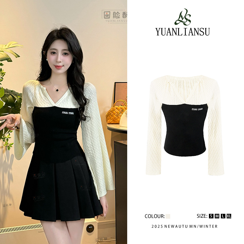 YUANLIANSU/圆脸酥【暗黑甜茶】2025春季设计感假两件V领针织衫女