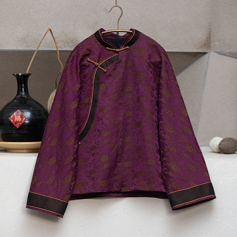 原创女装长袖网红新中式女士复古紫色提花斜襟上衣