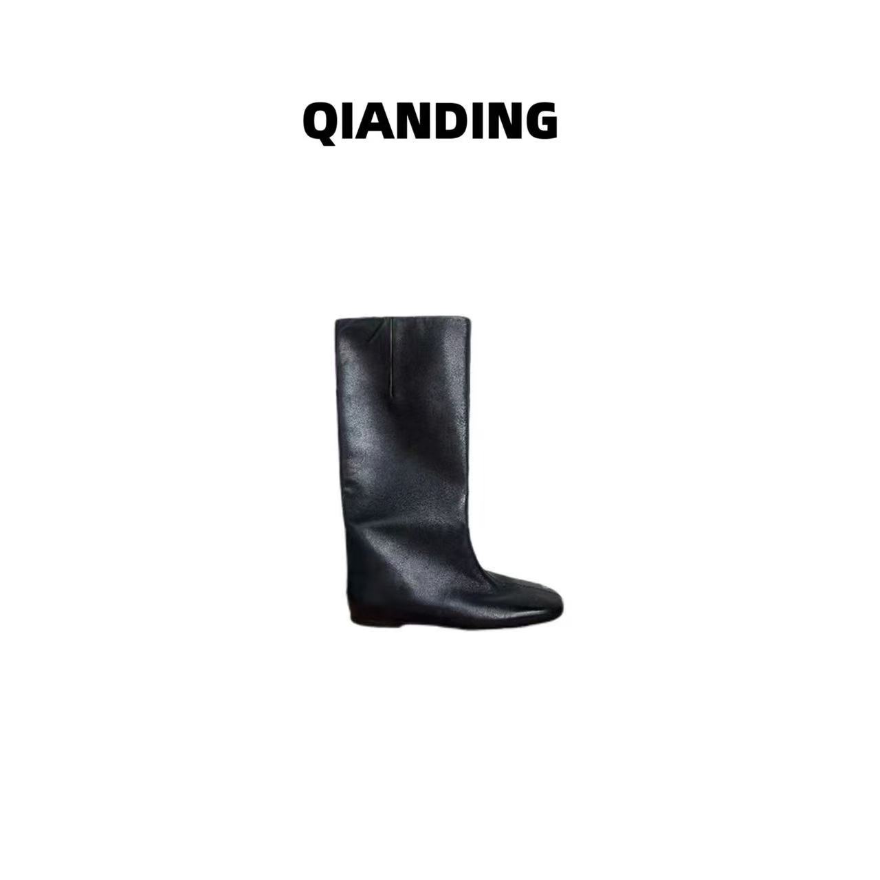 【QIANDING】复古简约BB羊皮一脚蹬高筒骑士靴A251108