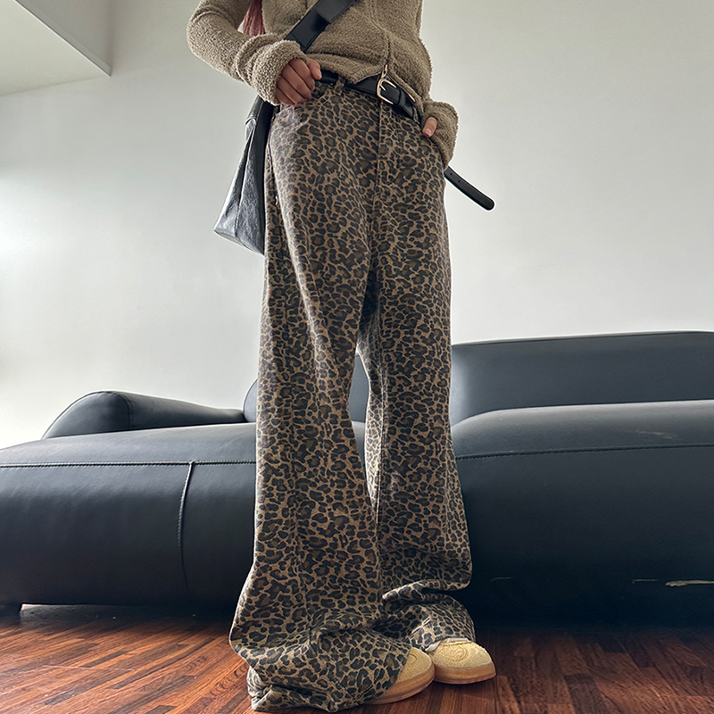 裤长110cm 豹纹美式窄版阔腿牛仔裤女秋冬加绒辣妹加长高个子拖地