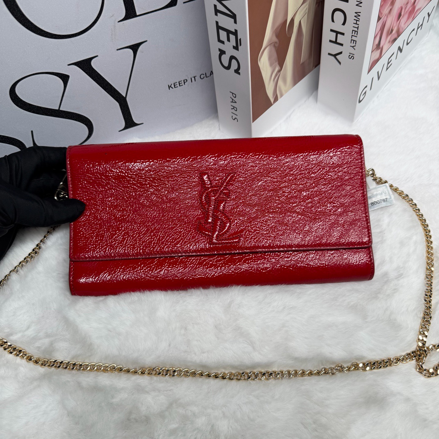 95新 YSL/圣罗兰 Saint laurent玫红色漆皮手拿斜挎包晚宴 81057