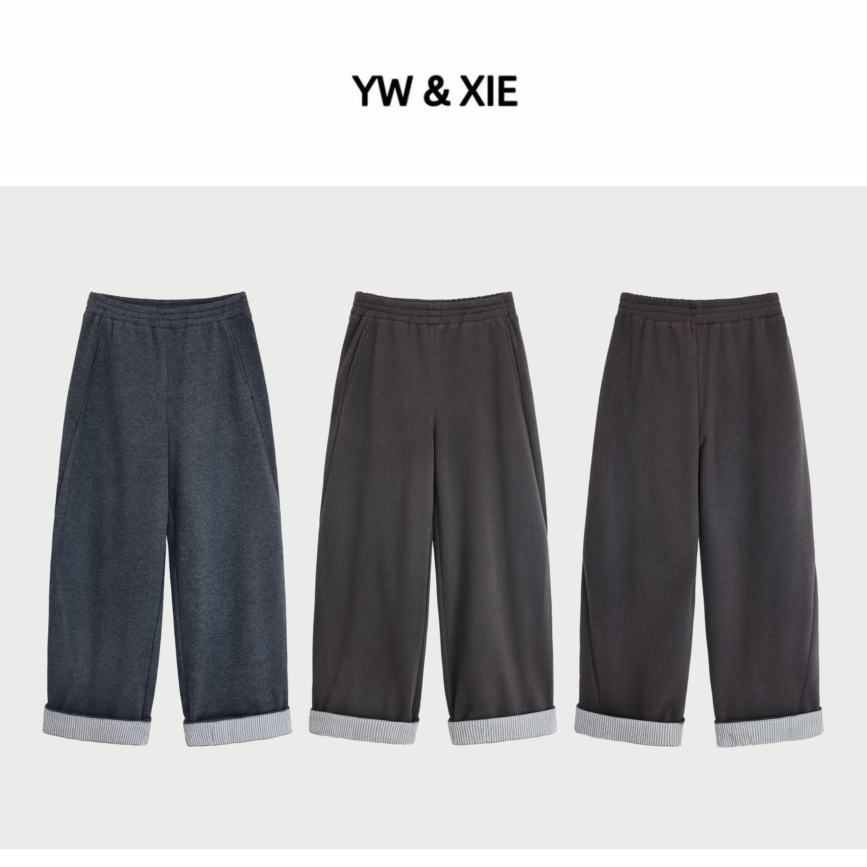 YW&XIE<522-2> 阔腿裤复古撞色松紧腰日系加绒加厚直筒裤冬季