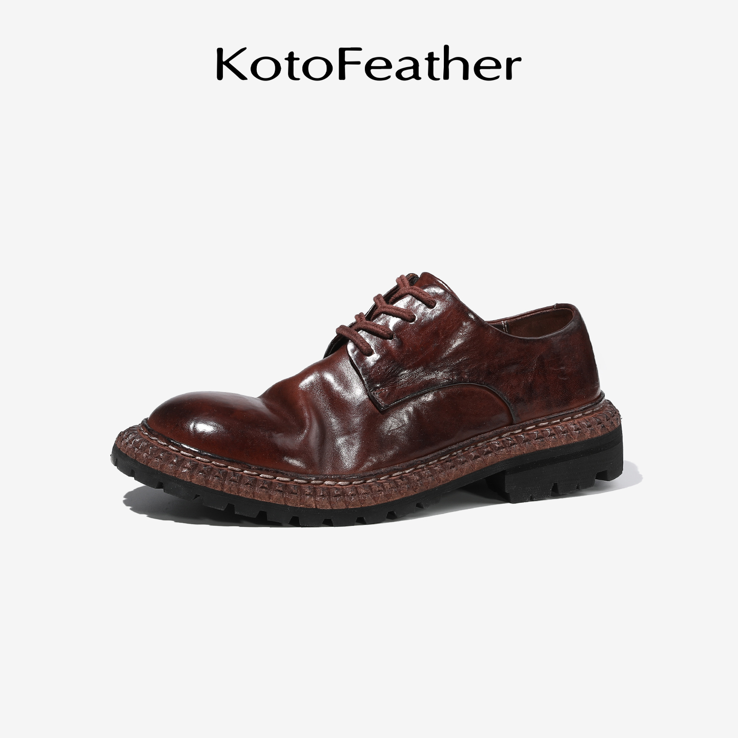 珡羽KotoFeather 美式复古重水洗巨齿鲨低帮德比鞋男圆头手工皮鞋