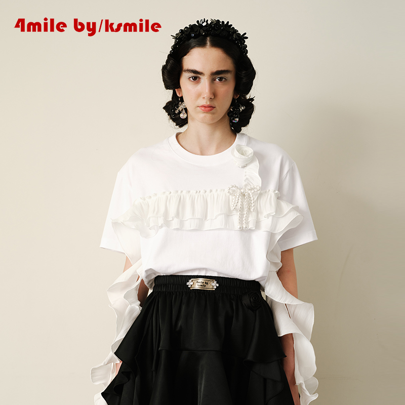 4MILE BY KSMILE | 玫瑰轻语仙气流光荷叶边短袖T恤小众夏季上衣