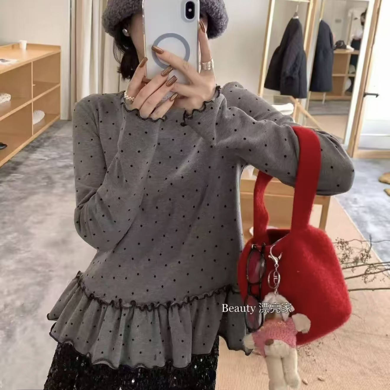 大码韩系秋冬新款波点韩系微胖mm荷叶边叠穿打底衫波点上衣