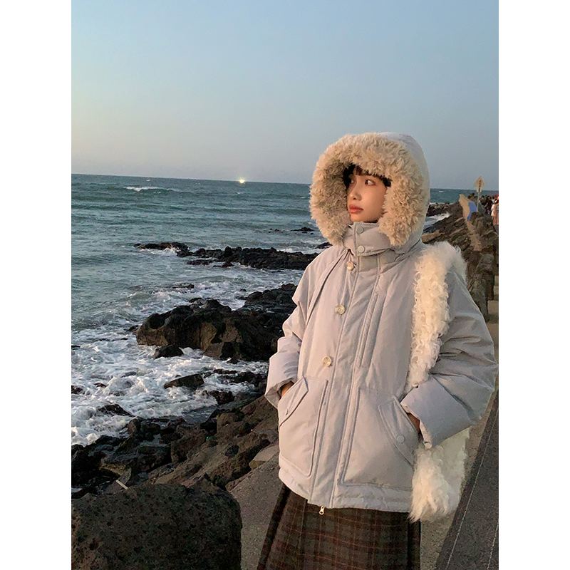 清仓霍里德地图"冬日特调"棉锦可拆卸连帽白鸭绒派克羽绒服外套