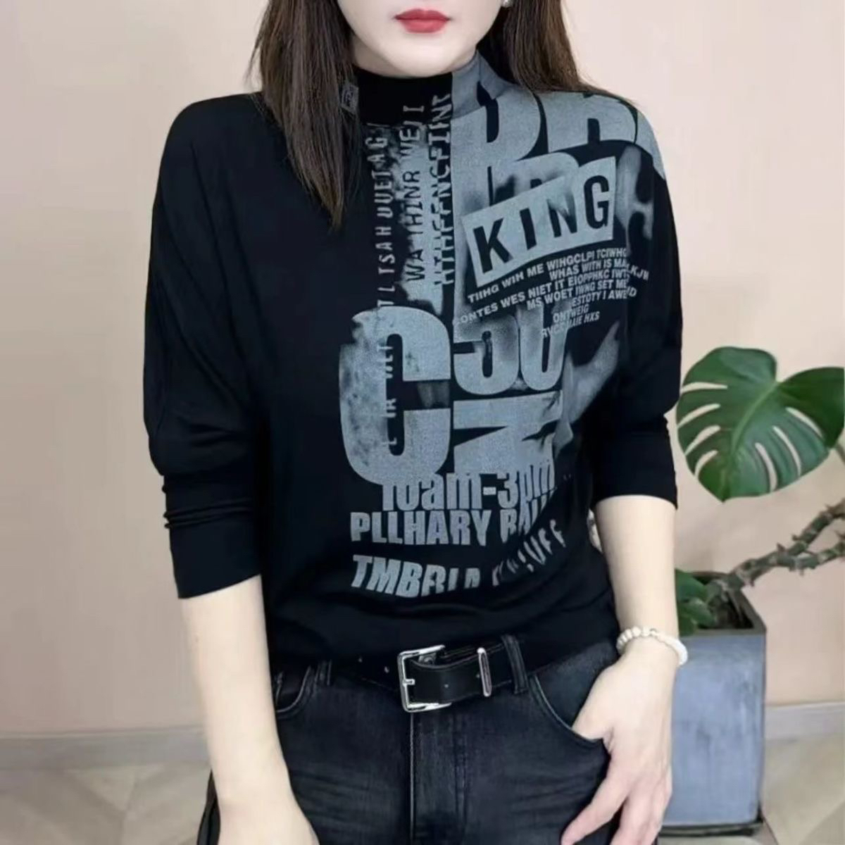 2025秋冬德绒新款半高领时尚长袖T恤修身显瘦小衫减龄女士打底衫