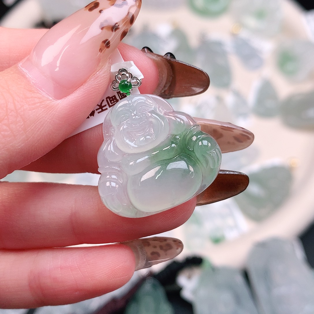 翡翠颈饰18K金镶嵌飘花佛29、22.5、24.5、5.7