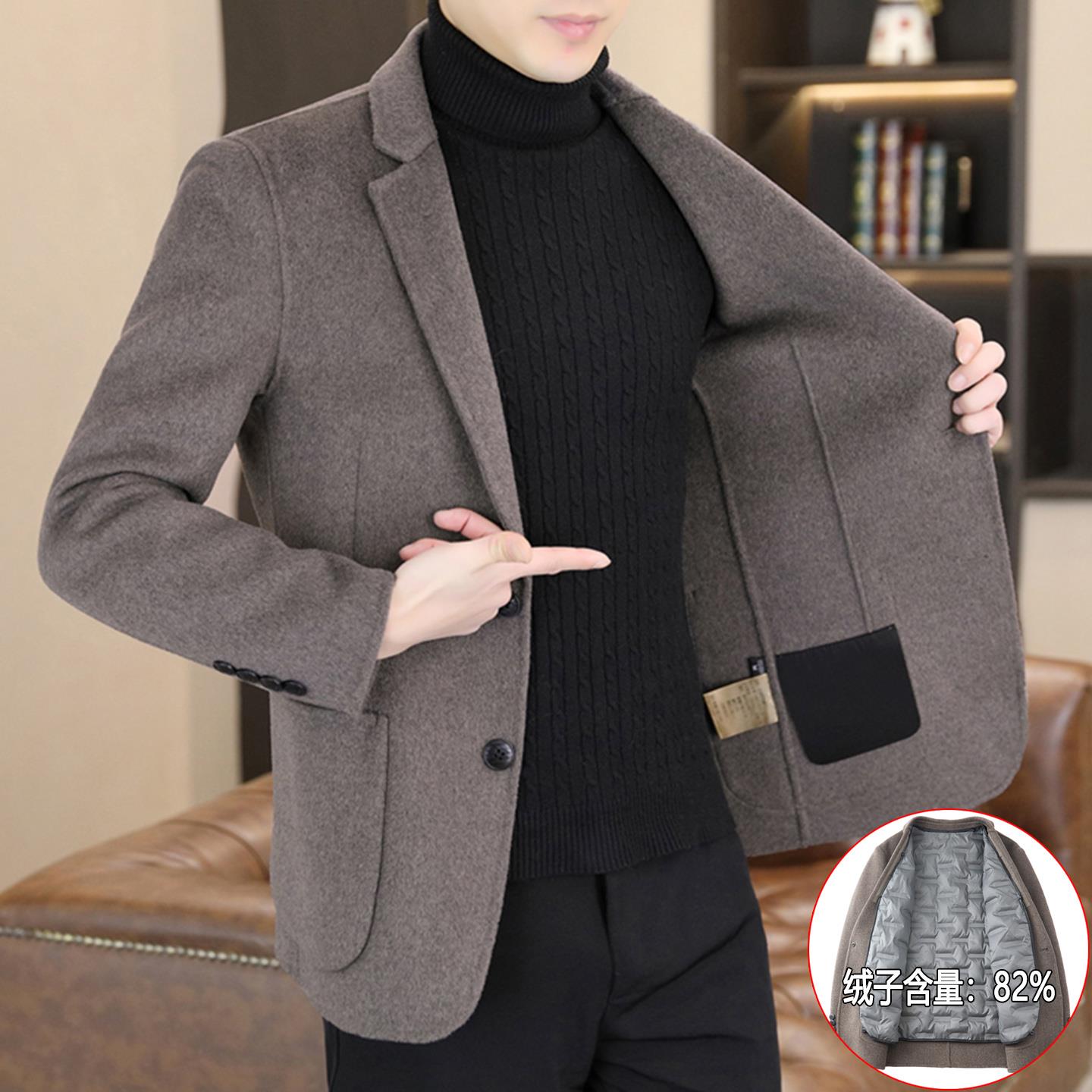 高档毛呢西服男士秋冬季加厚双面尼外套男短款呢子大衣男款高级感