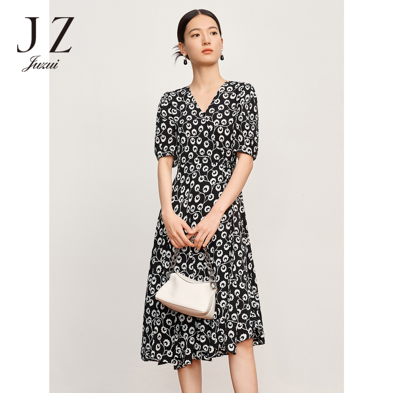 【丽公主专属】JZ玖姿JTCX50089轻盈系带裙子女夏季新款气质V领度假