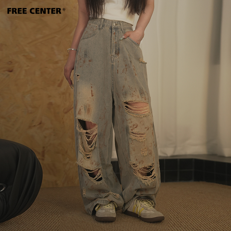 Free Center【末日废土】泼墨做旧牛仔裤男女复古宽松直筒破洞裤