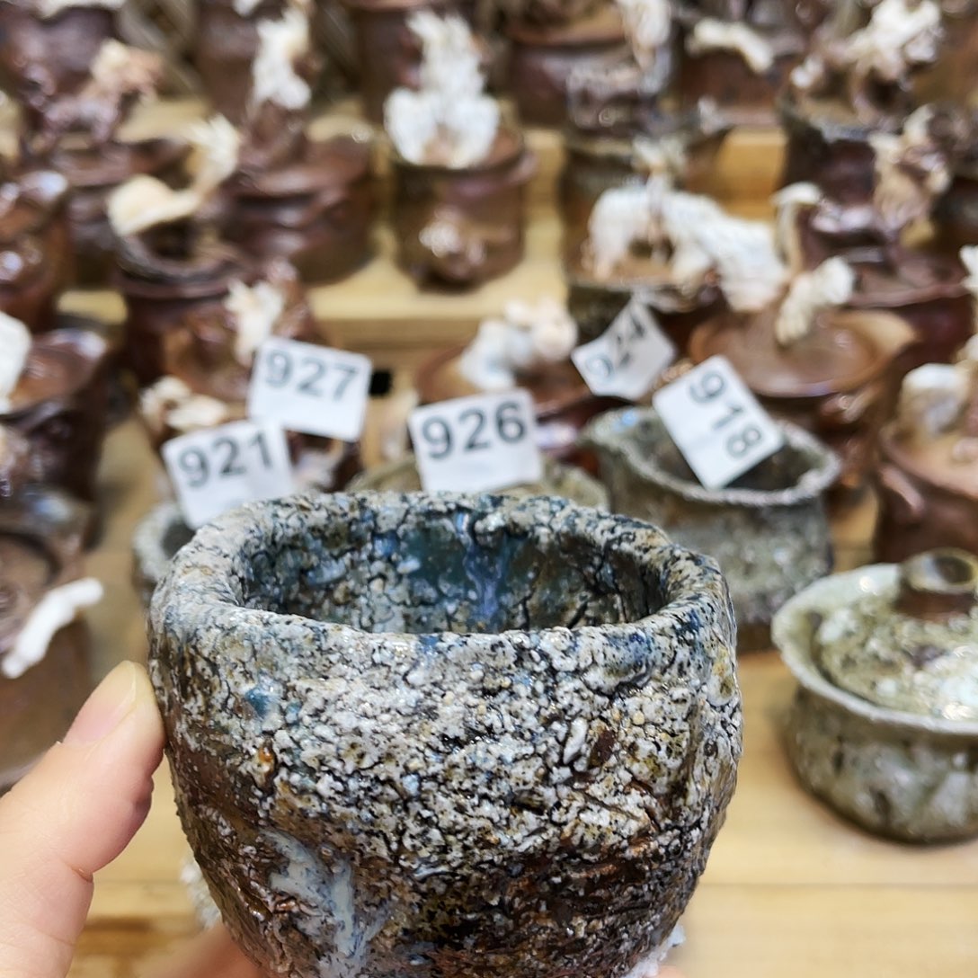 瓶柴烧石头手捏杯漏水摆件瑕